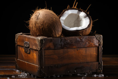 Organic coconut in a wooden box. Generative AIの素材