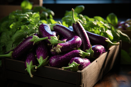 Organic purple eggplant in a wooden box. Generative AIの素材