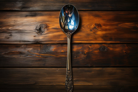 Antique spoon on a wooden table. Generative AIの素材