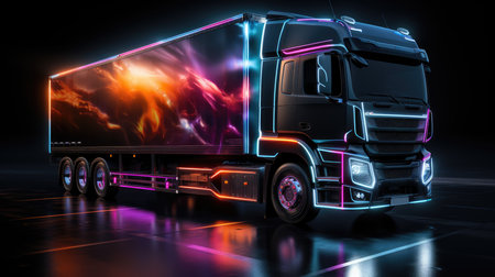 Truck with futuristic holographic display and neon lights. Freight shipping international industry. Generative AIの素材
