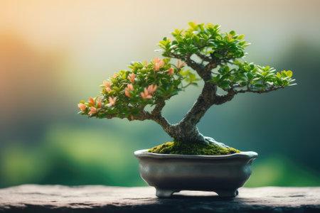 Close up of small bonsai tree with blurred background. Generative AIの素材