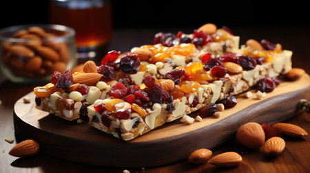 Cereal superfood energy bars with almond nuts, dry fruits, raisins chocolate. Generative AIの素材