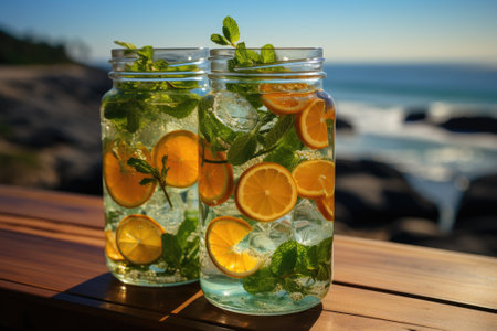 Detox infused water with lime, oranges, mint with sea coast view. Generative AIの素材