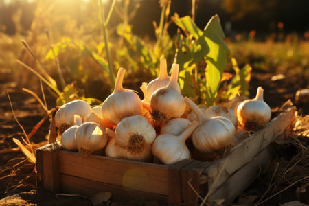 Ripe garlic in a wooden box. Generative AIの素材
