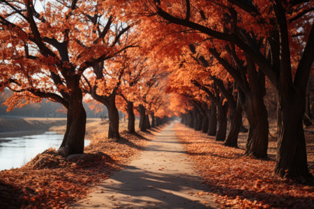 Yellow autumn trees on the alley in the park. Generative AIの素材