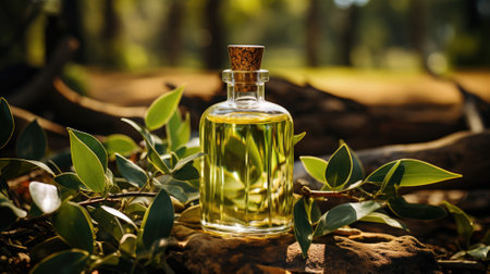 Bottle of cosmetic oil with eucalyptus branches. Generative AIの素材
