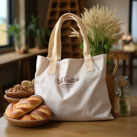 Eco bag with fresh bread products. Zero waste use less plastic concept. Generative AIの素材