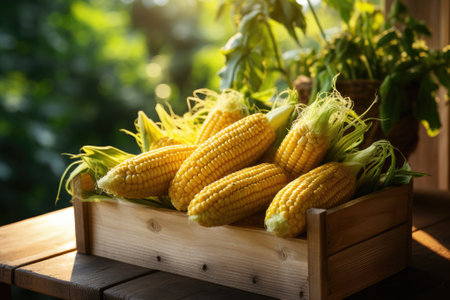 Organic corn cobs in a wooden box. Generative AIの素材