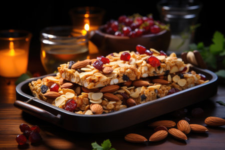 Cereal superfood energy bars with almond nuts, dry fruits, raisins chocolate. Generative AIの素材