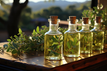 Bottle of cosmetic oil with eucalyptus branches. Generative AIの素材