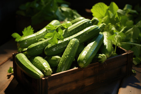 Organic zucchini in a wooden box. Generative AIの素材