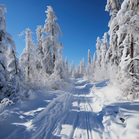 Beautiful landscape, snowy road in the forest between the trees, winter season. Generative AIの素材