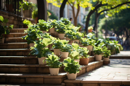 Street filled with pots on the stairs. Generative AIの素材