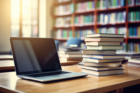 Education concept with laptop and books stack with library background. Generative AIの素材