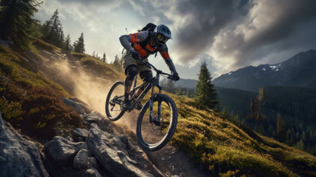 Active male cyclist riding bike on a mountain. Generative AIの素材