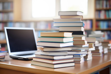 Education concept with laptop and books stack with library background. Generative AIの素材