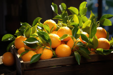 Organic oranges in a wooden box. Generative AIの素材