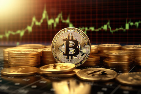 Virtual cryptocurrency concept. Bitcoin against stock market chart background. Generative AIの素材