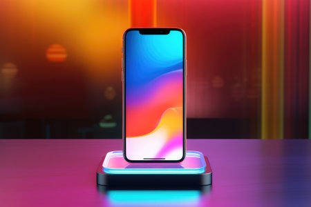 Mobile phone standing on the podium. Generative AIの素材