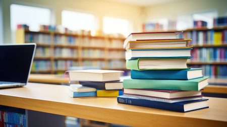 Education concept with laptop and books stack with library background. Generative AIの素材