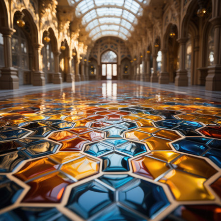 Close up of multicolored glass mosaic tile flooring pattern. Generative AI.の素材