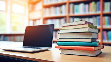 Education concept with laptop and books stack with library background. Generative AIの素材