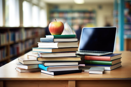 Education concept with laptop and books stack with library background. Generative AIの素材