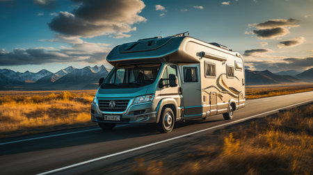 Motorhome moves along the road. Generative AIの素材