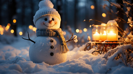 Little cute snowman in a knitted hat and scarf on snow on a sunny winter day. Christmas card. Generative AIの素材