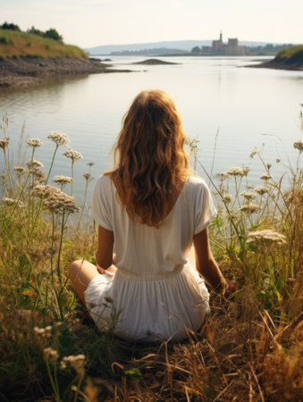 Girl sitting meditating, doing yoga on the background of nature. Generative AIの素材