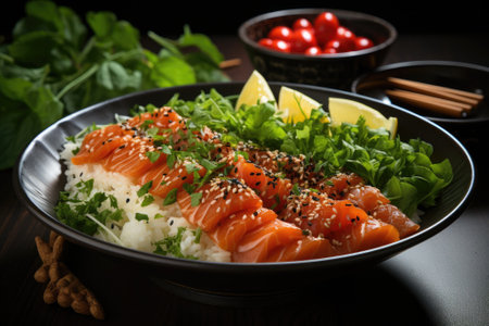 Bowl with salmon, rice and vegetables. Generative AIの素材