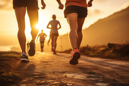 Runner group running on sunrise. Generative AIの素材