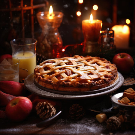Freshly baked Apple Pie on a rustic table. Generative AIの素材