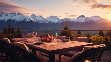 Open terrace with dinner in the mountains. Generative AIの素材