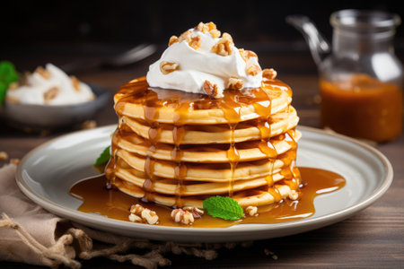 Pancakes with maple syrup, waffles with whipped cream. Generative AIの素材