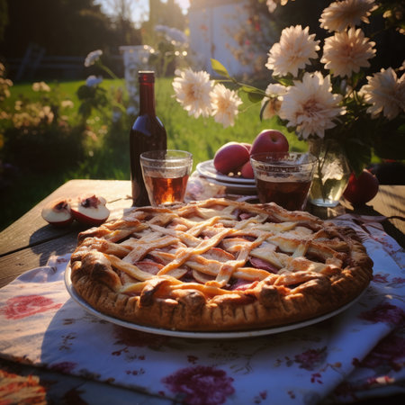 Freshly baked Apple Pie on a rustic table. Generative AIの素材