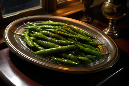 Green beans on the table. Generative AIの素材