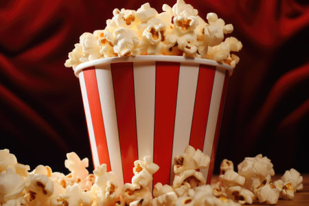 Popcorn in red and white striped cardboard bucket. Generative AIの素材