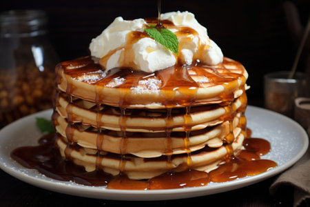Pancakes with maple syrup, waffles with whipped cream. Generative AIの素材