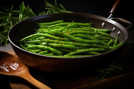 Green beans in a frying pan. Generative AIの素材