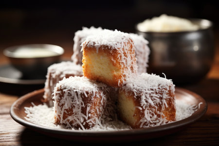 Lamingtons, sponge cake with chocolate and coconut. Generative AIの素材