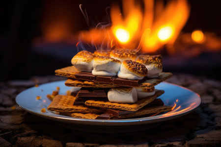 Homemade marshmallow s'mores with chocolate on crackers. Generative AIの素材