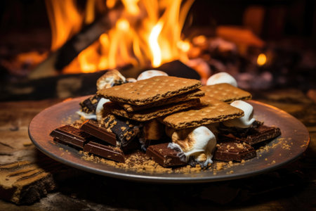Homemade marshmallow s'mores with chocolate on crackers. Generative AIの素材