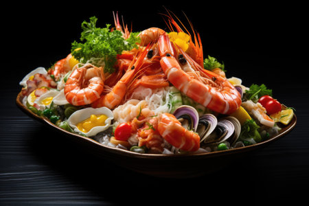 Food Surf and Turf salad with seafood and meat. Generative AIの素材