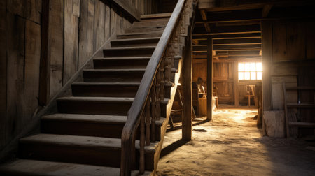 Old wooden stairs to the attic in an old house. Generative AIの素材