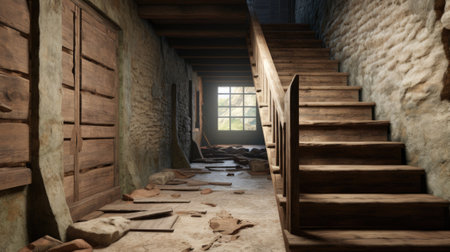 Old wooden stairs to the attic in an old house. Generative AIの素材