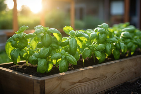 Green basil growing in raised beds in garden. Generative AIの素材