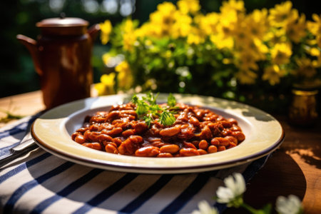Baked Boston Beans on a plate in the garden on the table.の素材