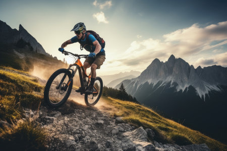 Cyclist riding bicycle on mountain trail.の素材