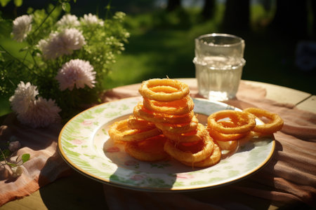 A platter of crispy onion rings. Generative AIの素材